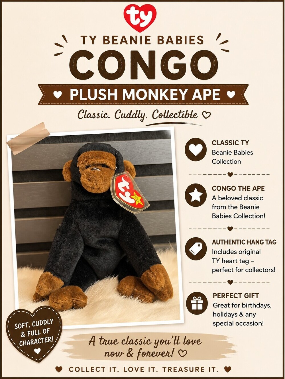 Ty Beanie Babies Congo Plush Monkey Ape with Hang Tag